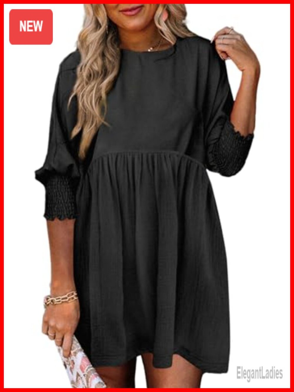 Women's Babydoll Mini Dress 3/4 Sleeve Lantern Elastic Cuff 100% Polyester